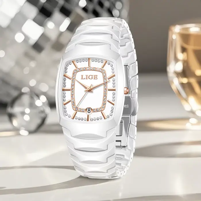 Montre à quartz de luxe LIGE pour femmes finition céramique résistante à l'eau pour toutes les occasions