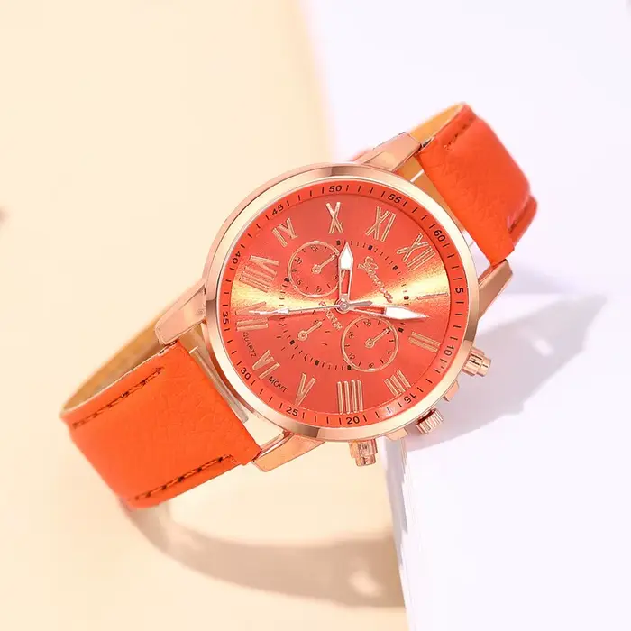 Reloj Mujer Mode Femmes Montres Dames Orange Cuir Quartz Montre-Bracelet