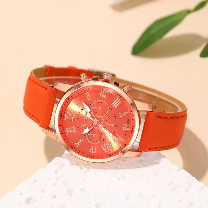 Reloj Mujer Mode Femmes Montres Dames Orange Cuir Quartz Montre-Bracelet