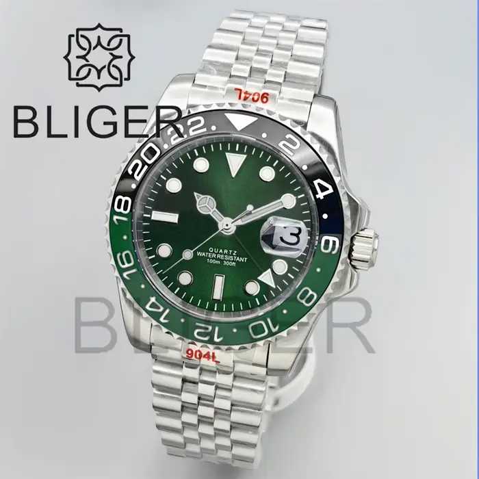 BLIGER 40mm GMT montres pour hommes 100M étanche Logo personnalisé céramique verre saphir acier inox