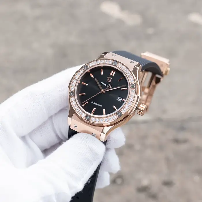 OBLVLO hommes de luxe or Rose cadran noir avec diamants lunette montre automatique étanche élastique mécanique