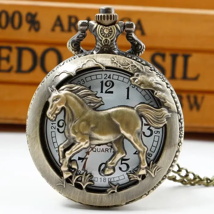 Montre à gousset — Montre de poche cheval creux Vintage: argent/or double ton + collier à Quartz uni
