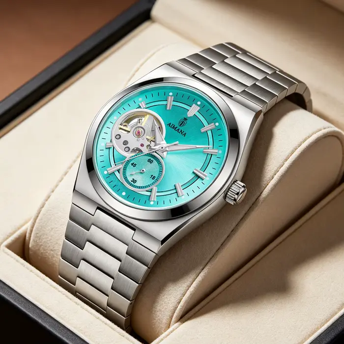 AIMANA Montre mécanique automatique pour homme, cadran Tiffany Blue Sunburst, squelette ajouré, brac