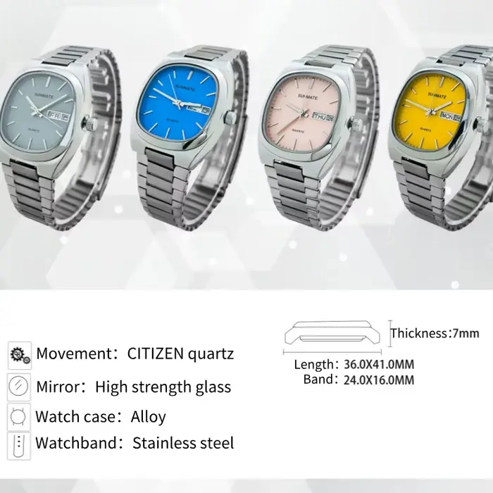 Montre à quartz pour homme avec mouvement Miyota, style rétro TV, et montre carrée pour femme avec bracelet en acier, étanche jusqu'à 30 mètres.