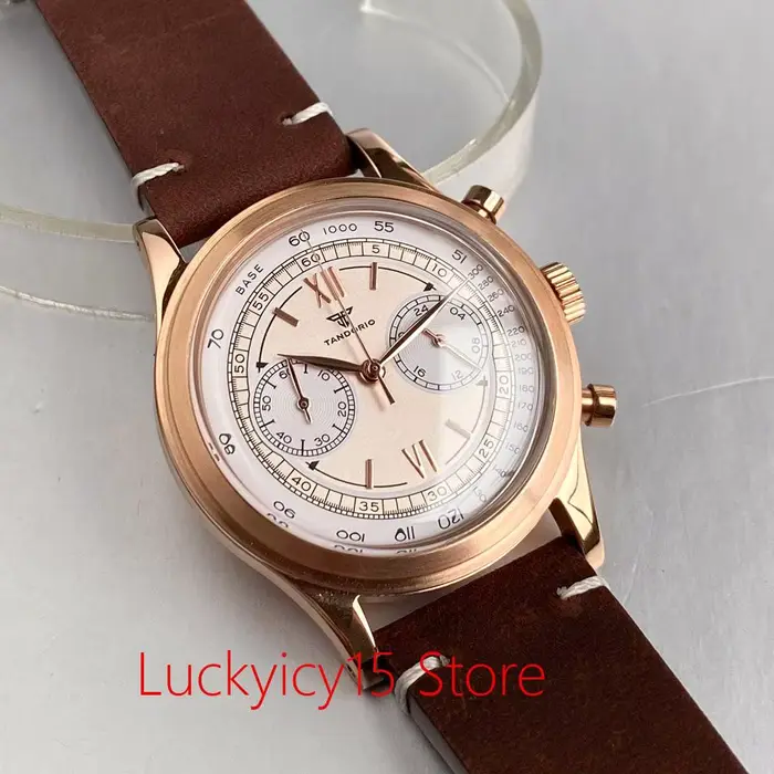 Montre Tandorio Vintage en Or Rose Quartz Chronographe Hommes Bracelet en Cuir Occasions Spéciales Élégante Robuste