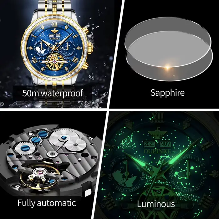 OUPINKE 3255 hommes montre de luxe marque mouvement suisse ciel étoilé squelette