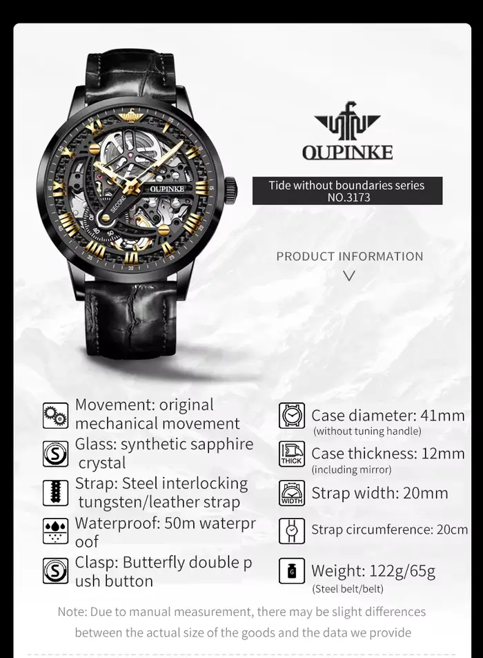 Montre-bracelet OUPINKE 3173 en acier inoxydable avec bracelet en cuir pour homme, luxe, chronographe, résistance à l'eau, design squeletté, affichage romain
