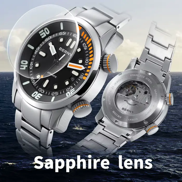 Montre de plongée BERNY avec mouvement automatique Miyota 8215 résistante à l'eau 200m pour hommes aventuriers et amoureux de la mer occasions spéciales et plongée sportive