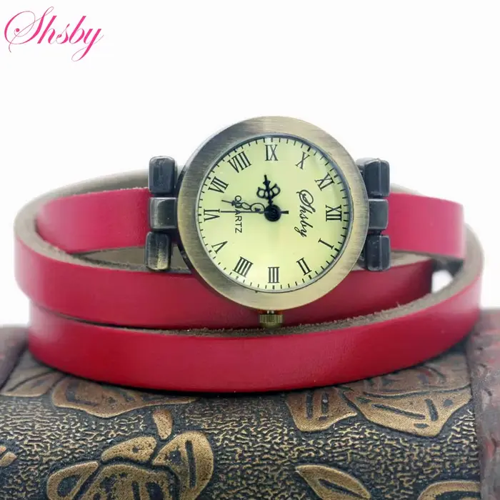 Shsby mode vente chaude femmes longue en cuir véritable femme montre ROMA vintage bronze