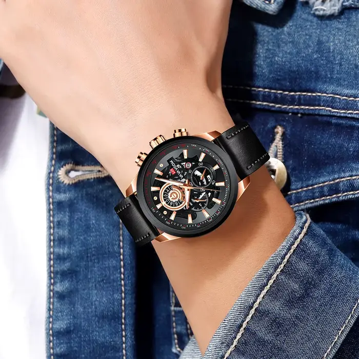 Montre VA VA VOOM en alliage avec bracelet en cuir robuste pour hommes, résistante à l'eau, anti-magnétique et dotée de calendrier complet, idéale pour les sports et les voyages