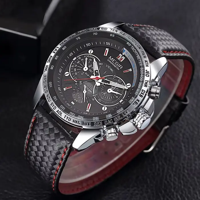 MEGIR mode homme Quartz analogique montre-bracelet marque étanche luxe en cuir montres pour hommes décontracté noir montre mâle 1010