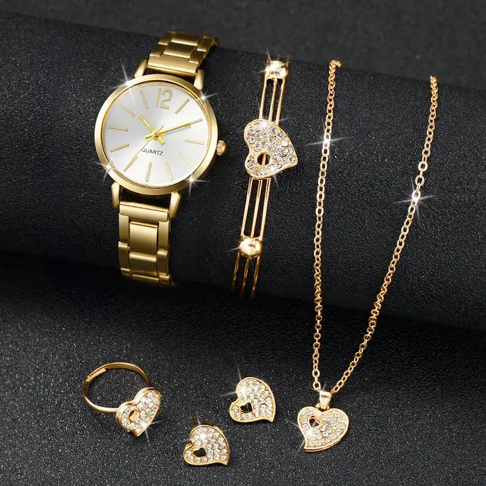 6 pièces/ensemble montre pour femme mode bracelet en acier inoxydable montres à Quartz analogiques coeur ensemble de bijoux (sans boîte)