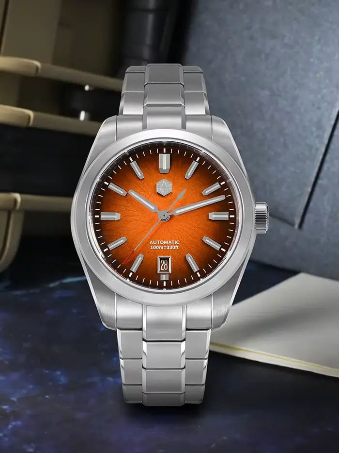 Montre San Martin en acier inoxydable avec bracelet 316L et cadran en émail dégradé bleu/orange/rouge résistante à l'eau pour homme occasions spéciales