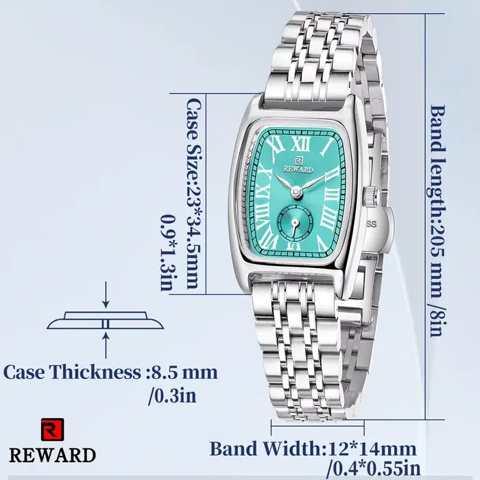 Montre REWARD en acier inoxydable pour femme avec mouvement quartz rectangle élégante résistante à l'eau et lumineuse pour occasions spéciales