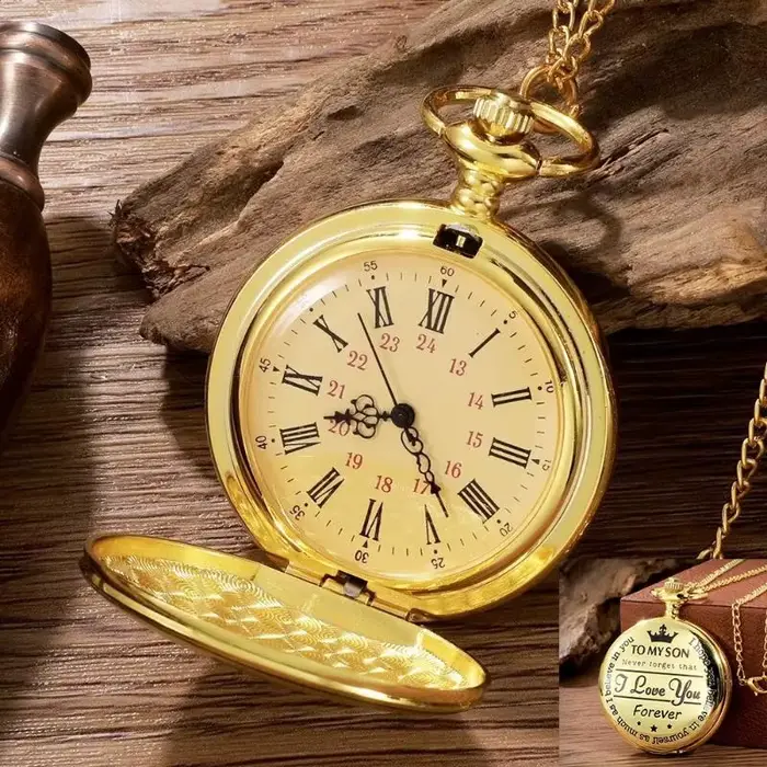 Montre de poche vintage pour homme en or, à quartz, avec chaîne, design élégant et antique, idéale c