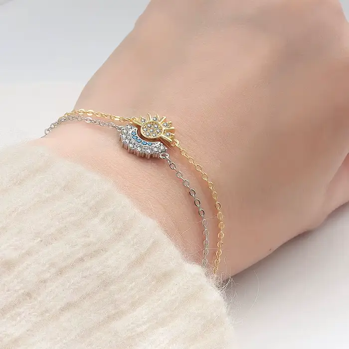 YILUOCD 2 pièces Bracelet soleil et lune en zircone cubique scintillante pour femmes ensemble de bracelets de Couple réglables cadeau de bijoux de fête de mariage