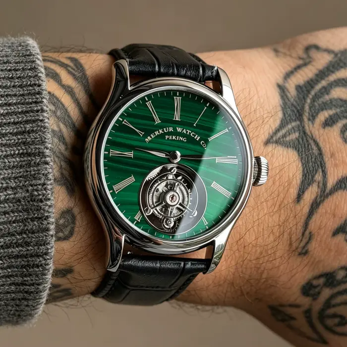 Merkur – montre Tourbillon 100% pour hommes, cadran en pierre naturelle, malachite, saphir, montre-b