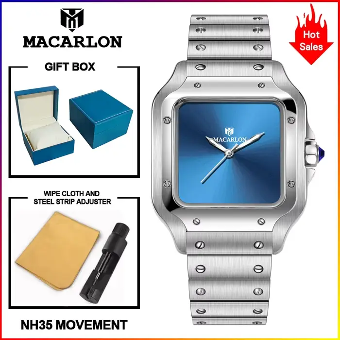 Montre mécanique pour homme MACARLON Design 2026, nouveau cadran uni, acier inoxydable, étanche 100 