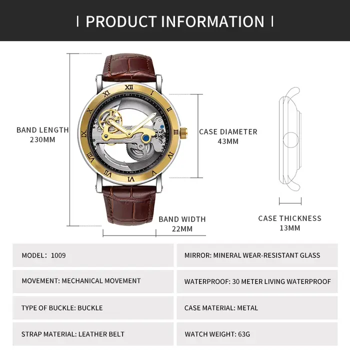 Montres-bracelets mécaniques pour hommes montres pont doré squelette automatique mécanique montre