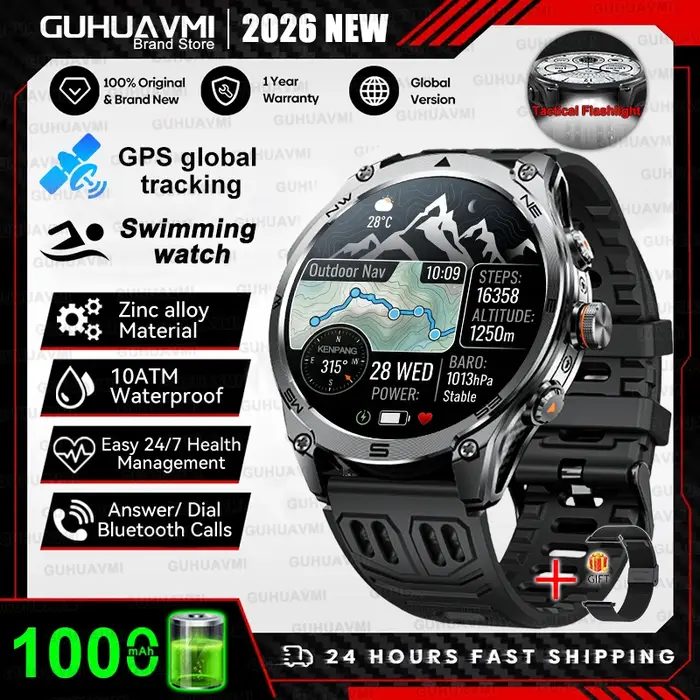 Montre connectée GPS avec écran AMOLED 1.75 pouces, plus de 100 modes sportifs, boussole, altimètre, baromètre, suivi de la santé, résistance à l'eau jusqu'à 100 mètres, autonomie de 7 à 10 jours