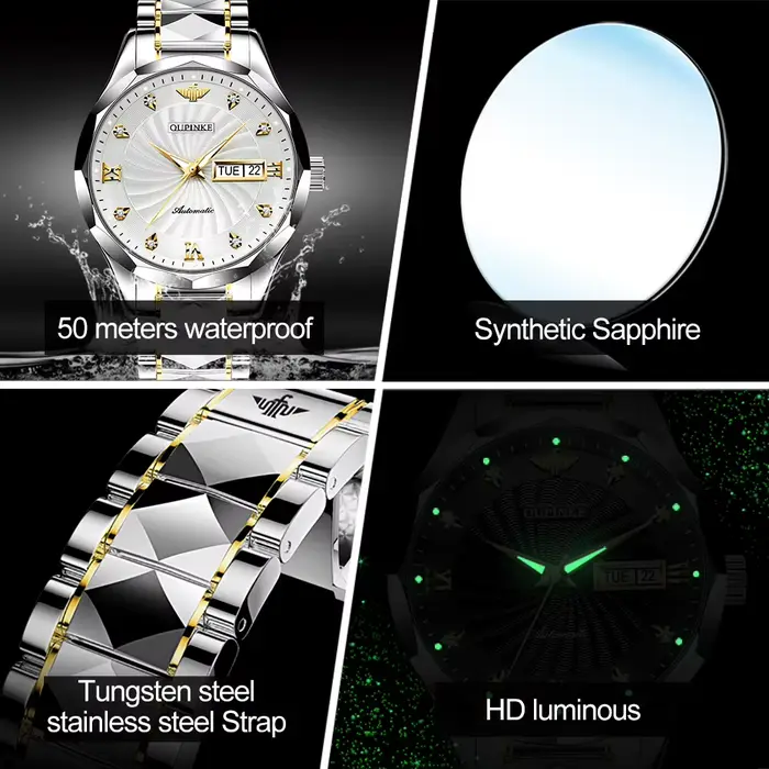 Montre mécanique homme en acier inoxydable avec bracelet en tungstène lumineuse pour occasions spéciales élégante à offrir
