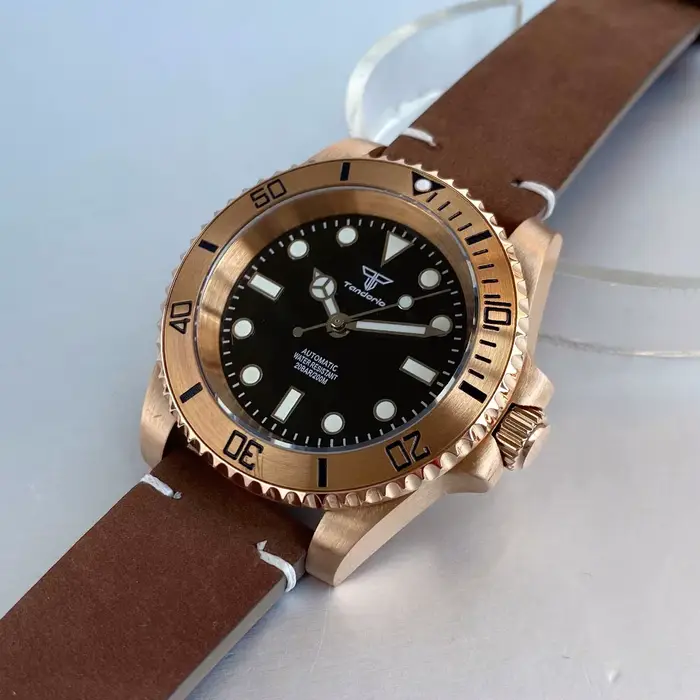 Montre automatique Tandorio Real CUSN8 en bronze avec mouvement NH35/PT5000 pour homme, résistance à l'eau 20 ATM, bracelet en cuir, occassions quotidiennes et formelles