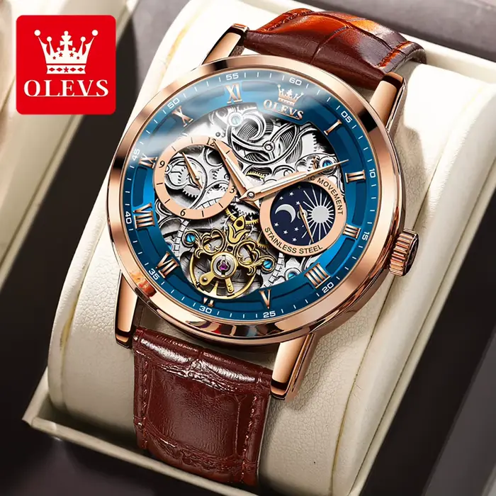 Montre homme OLEVS Squelette Tourbillon automatique avec phase de lune et bracelet en cuir pour occasions spéciales
