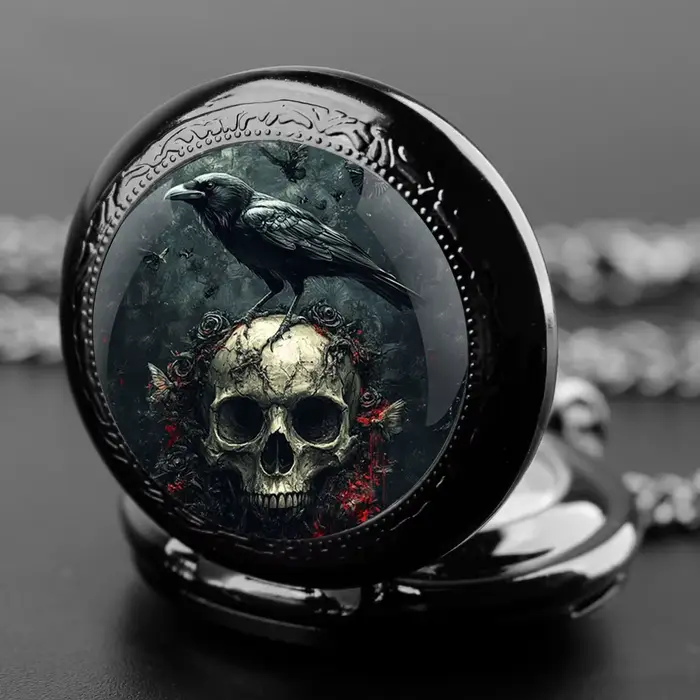 Montre de poche vintage à quartz motif lune crâne corbeau bijou unisexe chaîne acier inoxydable pour homme femme occasions spéciales