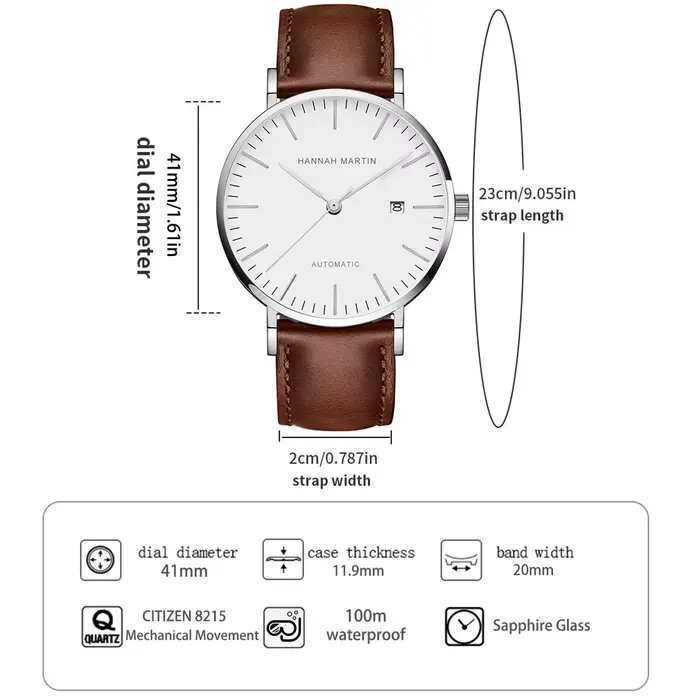 Montre Hannah Martin homme automatique élégante résistante à l'eau pour occasions spéciales et tous les jours