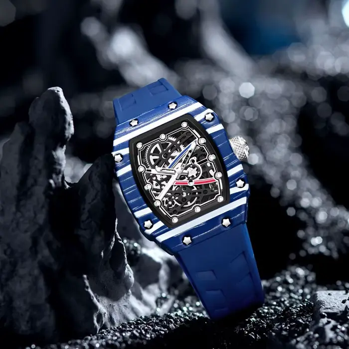 Montre Classique Tonneau à Quartz pour Homme, Cadran Peint Coloré, Tendance Ultra-Mince, Creux, Originale, Montre Homme Mode avec Date, Relogio
