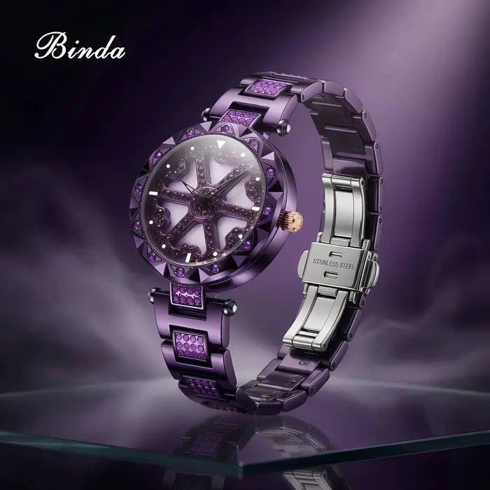Montre à Quartz Binda Sertie de Cristaux Cadran Rotatif Élégante et Polyvalente Femme Occasions Spéciales