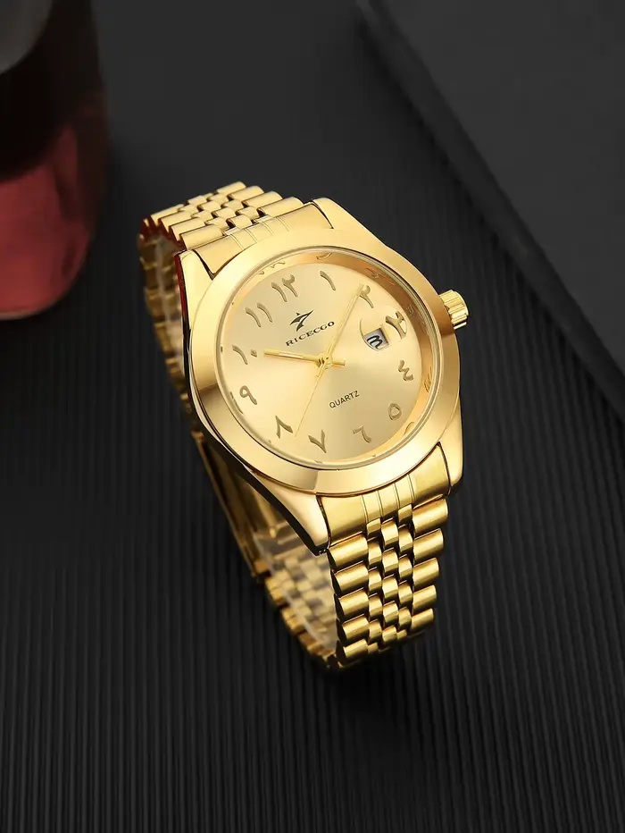 Montre à quartz à aiguilles circulaires dorées