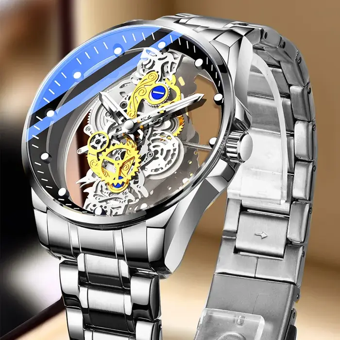 Offre spéciale mode montre transparente hommes Imitation montres mécaniques cadran lumineux bracelet en acier inoxydable