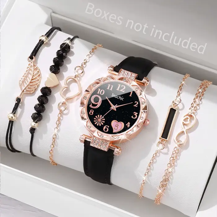 6 pièces/ensemble mode coeur cadran montre pour femme bracelet en cuir décontracté analogique Quartz