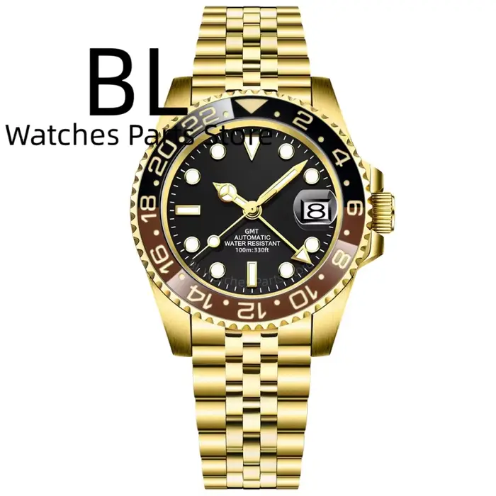 Montres mécaniques BLIGER 40MM bicolores or Rootbeer pour hommes, GMT, logo personnalisable, verre s