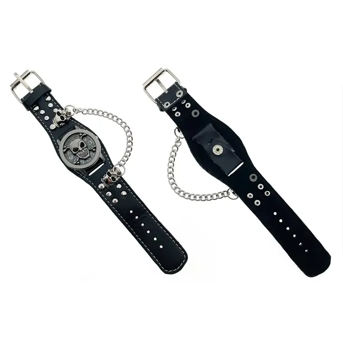 Montre à quartz tête de mort en cuir noir pour homme