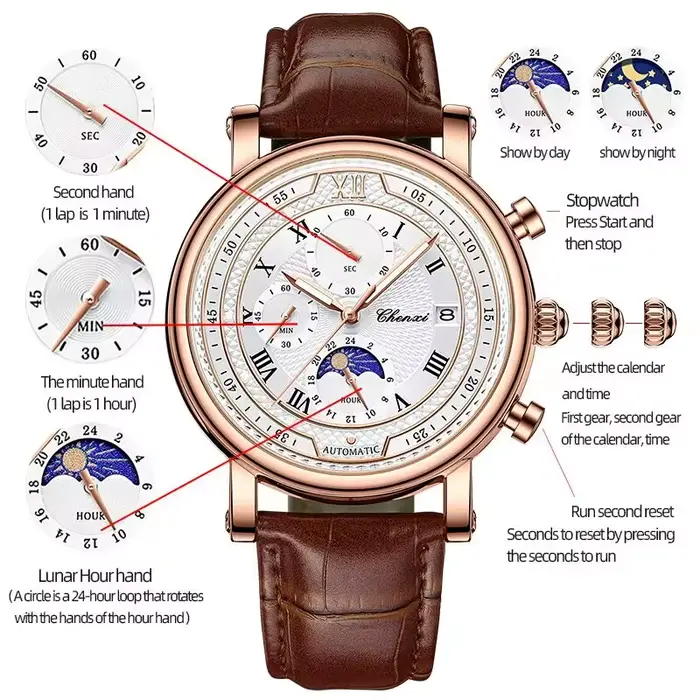 Chenxi 976 cuir chronographe Date hommes Phase de la lune chronométrage affaires lumineux montre à Quartz Relojes para hombres