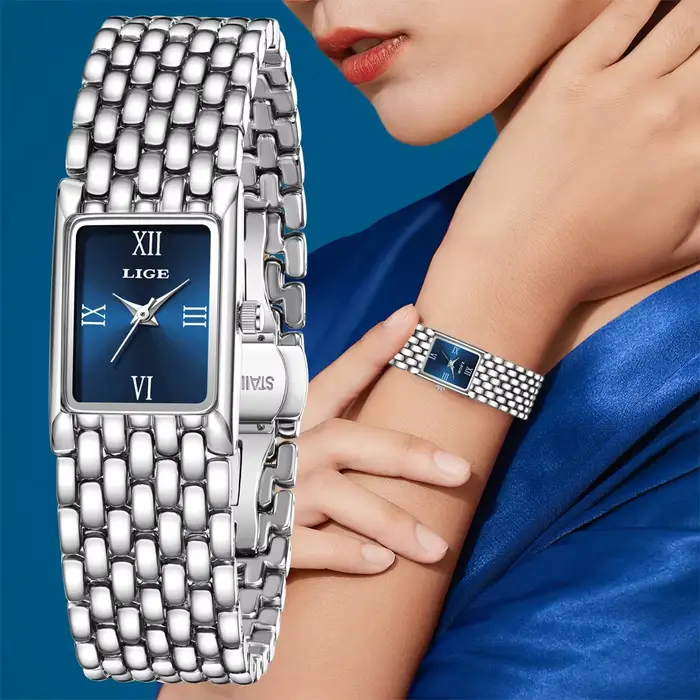 LIGE montre en argent pour femmes carré dames montres à Quartz en acier inoxydable