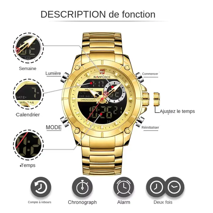 Montre-bracelet NAVIFORCE 9163 Quartz Résistante à l'Eau pour Hommes Occasions Spéciales Affaires Sport Chronographe Double Affichage