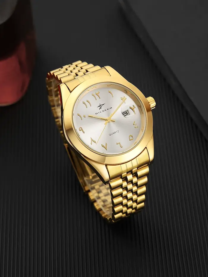 Montre à quartz à aiguilles circulaires dorées