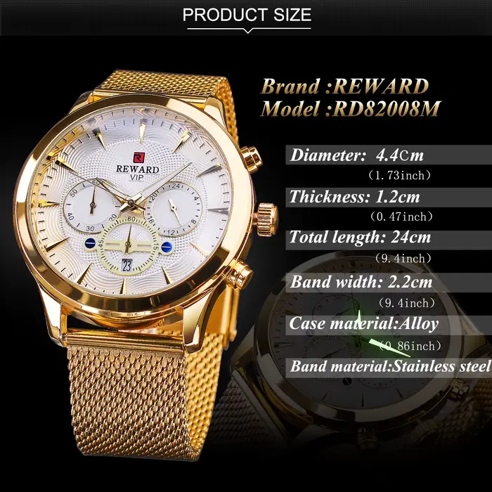 Récompense montres d'affaires mouvement à Quartz mode hommes or montre en acier inoxydable calendrier de luxe