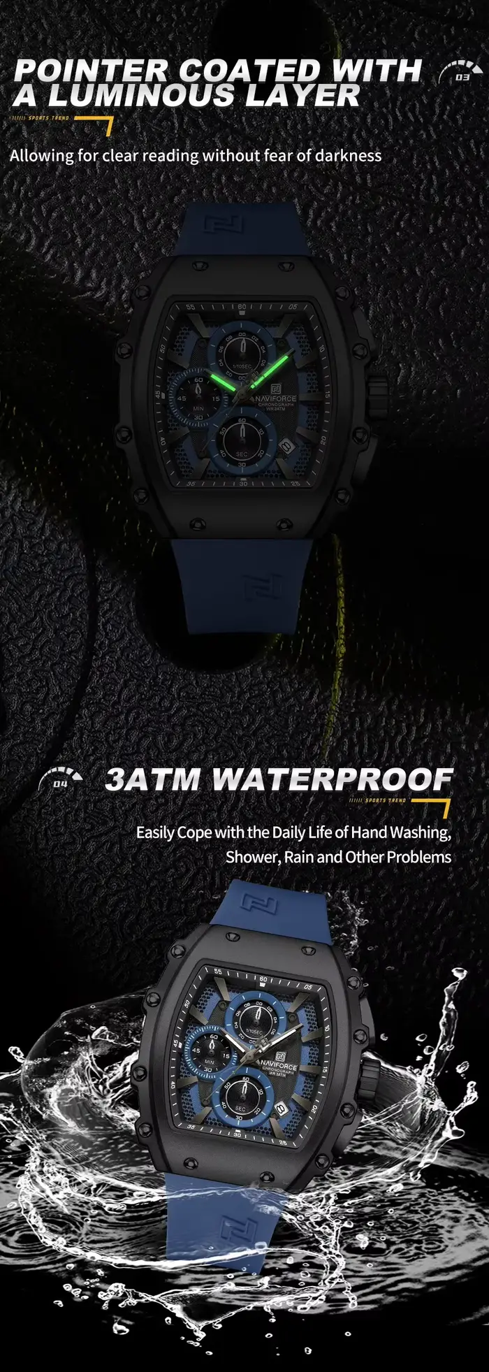 NAVIFORCE à la mode 2025 montres pour hommes multifonctionnel 30M étanche sport Quartz bracelet en Silicone horloge de luxe Reloj Hombre