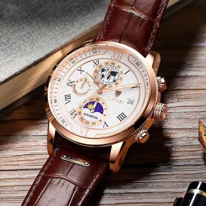 LIGE luxe homme montre-bracelet étanche lumineux chronographe montre pour hommes bracelet en cuir