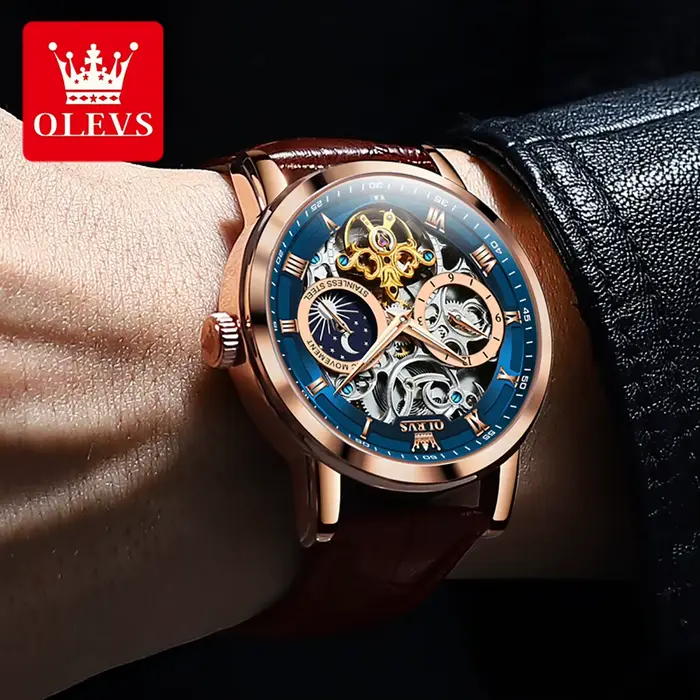 Montre homme OLEVS Squelette Tourbillon automatique avec phase de lune et bracelet en cuir pour occasions spéciales
