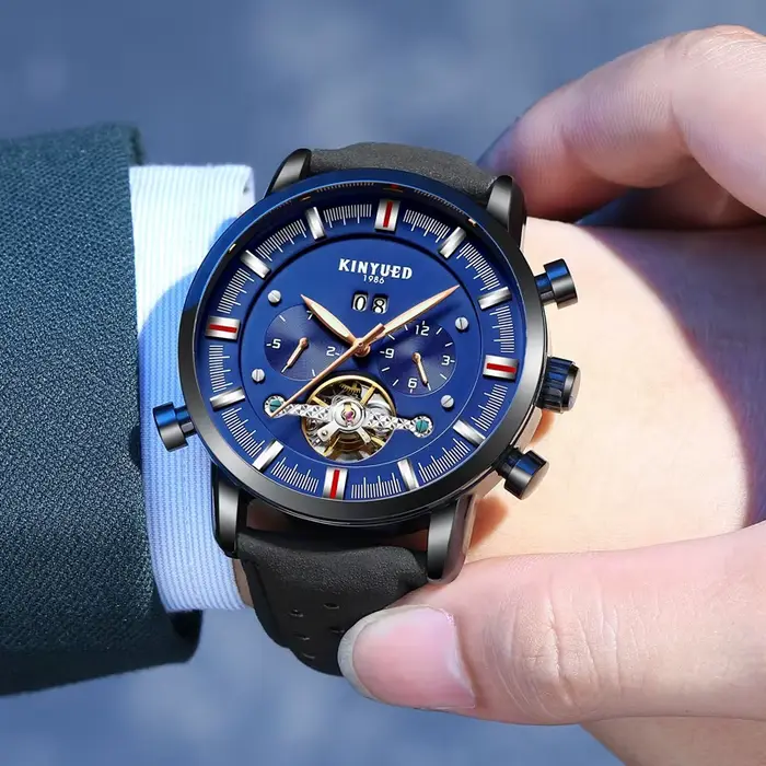 KINYUED marque hommes de luxe automatique montre mécanique sport en cuir étanche semaine Date automatique Tourbillon montres hommes Relogio
