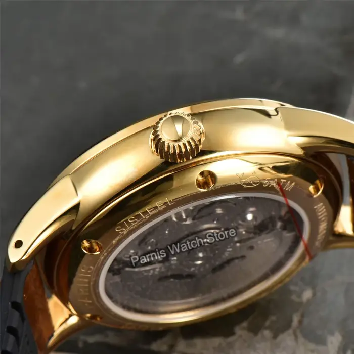 Montre Parnis Or Cadran Noir Automatique Hommes Occasions Spéciales Résistante À L'Eau Avec Boucle À Crochet