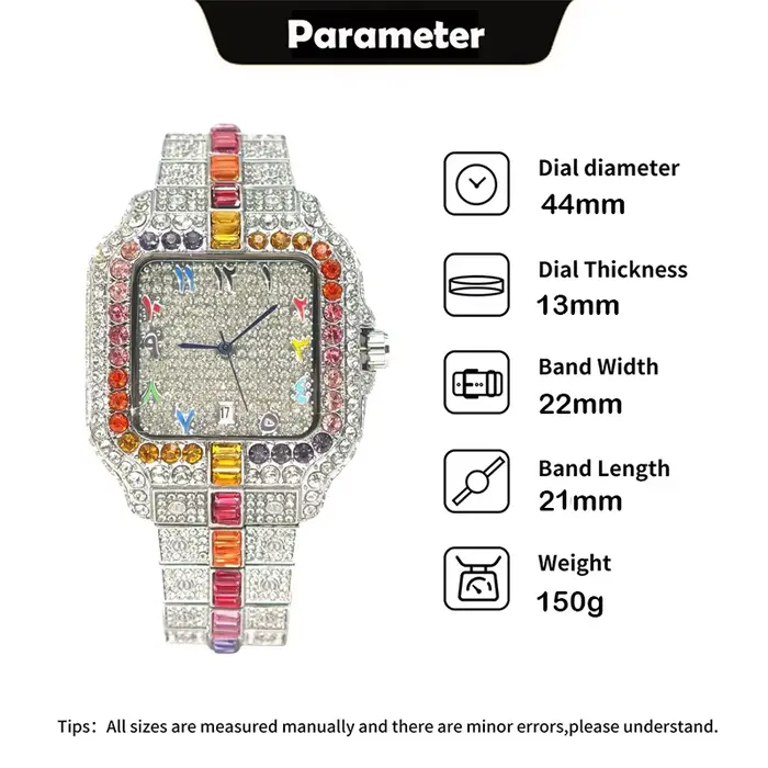 Montre UNIGUET Rainbow Diamond acier inoxydable carrée avec marqueurs de chiffres arabes pour hommes styles hip-hop occasions spéciales