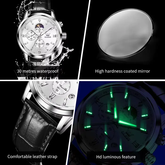 Original OLEVS 9812 marque montre en cuir pour hommes mode étanche lumineux multifonction chronographe Quartz montre-bracelet homme nouveau