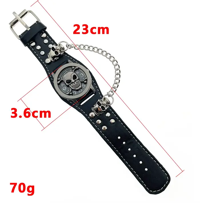 Montre à quartz tête de mort en cuir noir pour homme