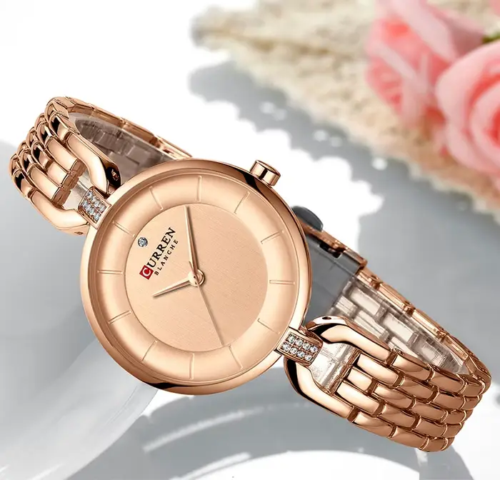 Montre-bracelet Curren pour femme, or rose, acier inoxydable, résistante à l'eau, style décontracté et luxueux, pour occasions spéciales et quotidiennes